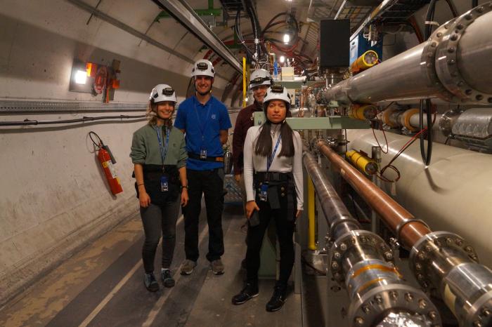Laser treatment project team members (from left to right: E. Bez, M. Watkins, M. Himmerlich and A. K. Reascos Portilla) of TE-VSC-SCC after the successful vacuum qualification and installation of the LESS demonstrator in the LHC tunnel right of point 6 performed by their colleagues of TE-VSC-BVO (not on the picture).