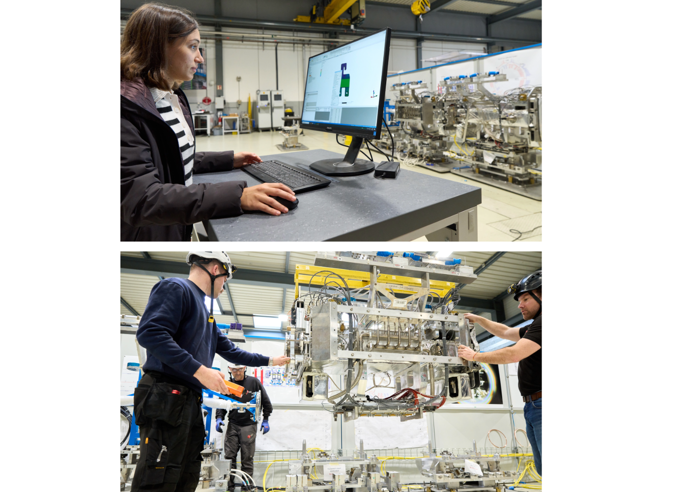 picture of silver equipment carried by a crane, and picture of a woman working on a computer model