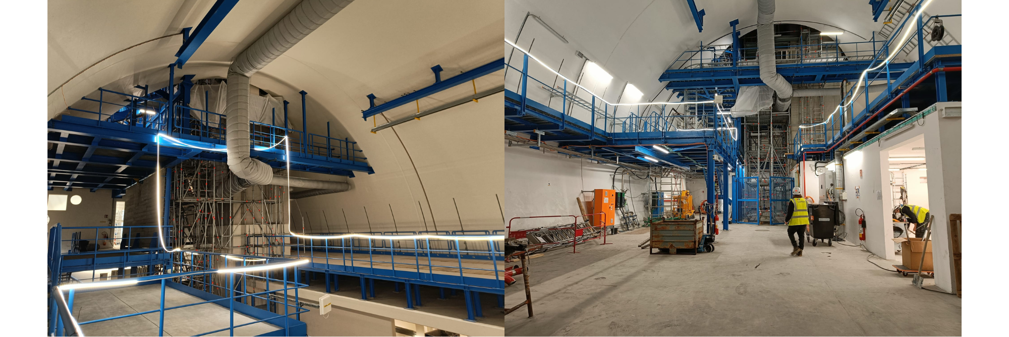 pictures of scaffolding in a tunnel with led lights hung