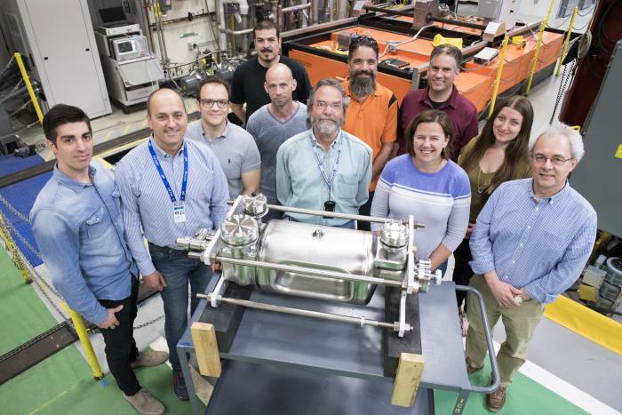 A crab cavity prototype developed at the US High-Luminosity LHC Accelerator Upgrade Project (AUP) undergoing inspections at Fermilab (Image: Fermilab)