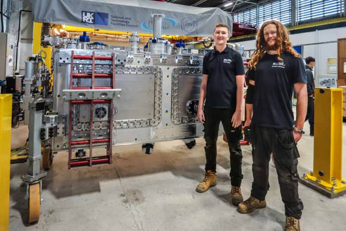 Technicians Luke Bladen and Tom Hanley from the STFC Technology Department who supported the build of the cryomodule. (Image credit: STFC Daresbury Laboratory)